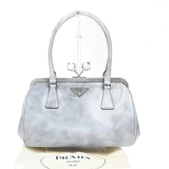 PRADA Grigio Spazzolato Leather Crystal Kiss‑Lock Frame Hand Bag Gray - Picture 1 of 16